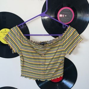 Cropped lettuce hem off the shoulder crop top